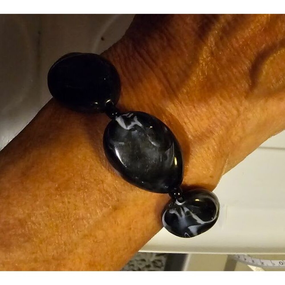 Stretchy Black with White Marbling Throughout, Acrylic Large Beaded Bracelet